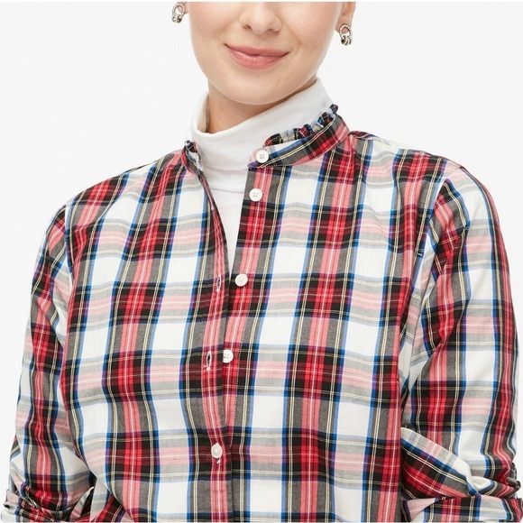 J. Crew Flannel shirt with ruffle collar in white out plaid/multi Size L EUC - Picture 2 of 5